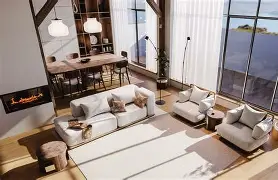 Open-plan living space with minimalist furniture